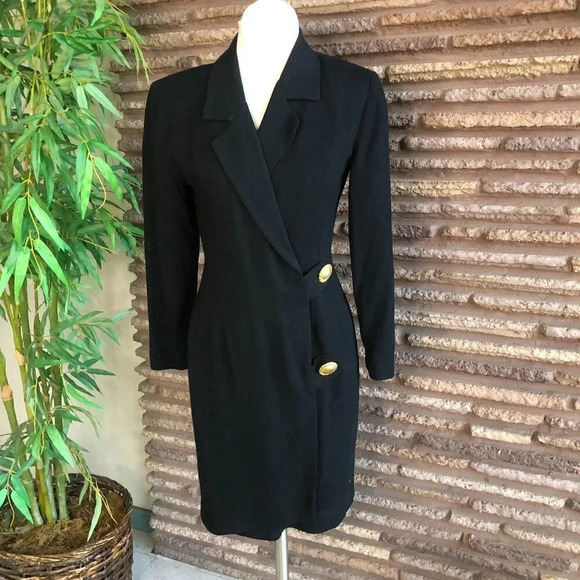 Vintage N.R. 1 Made in the USA Black Wool Wrap Dress I Magnin Gold Buttons - Picture 1 of 7